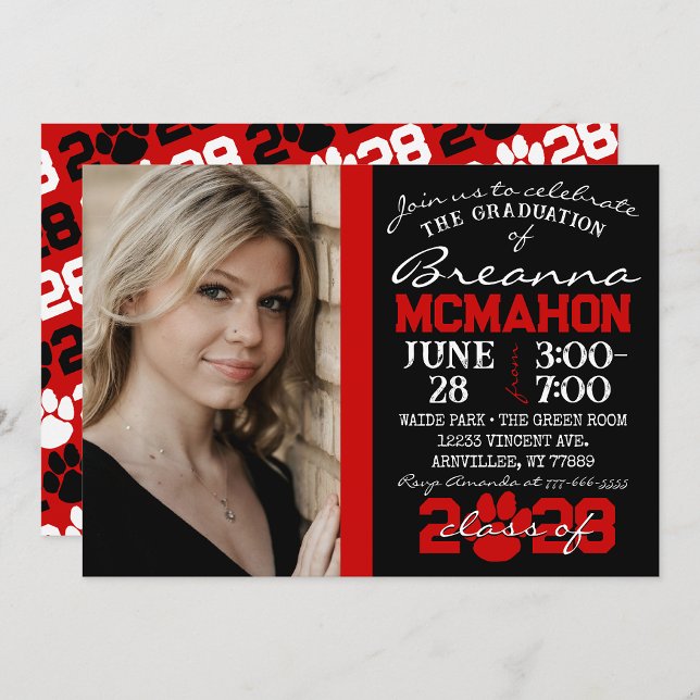 Black & Red Paw Print Graduation Photo Invitation ( Repeating Class Year 1 & 2 Photo Graduation Invitations & Announcements)