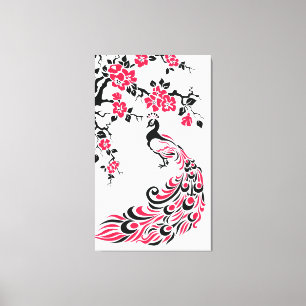 Black red peacock and cherry blossoms custom canvas print