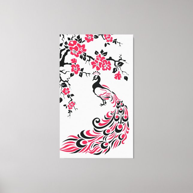 Black red peacock and cherry blossoms custom canvas print (Front)
