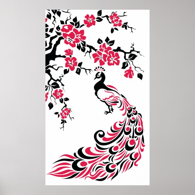 Black red peacock and cherry blossoms poster (Front)