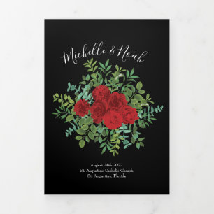 Black & Red Peony & Rose Floral Wedding Programs Tri-Fold Programme