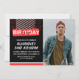Black Red Photo 32e anniversaire invitations Homme