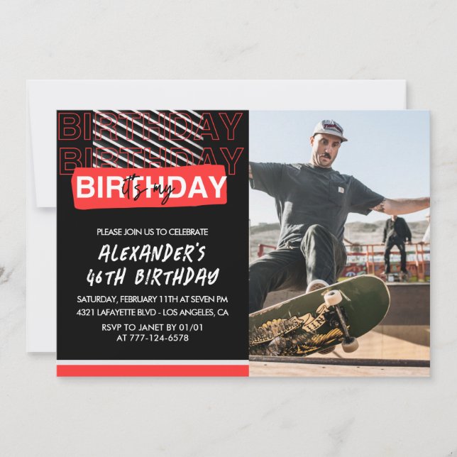Black Red Photo 46e anniversaire invitations Homme (Devant)