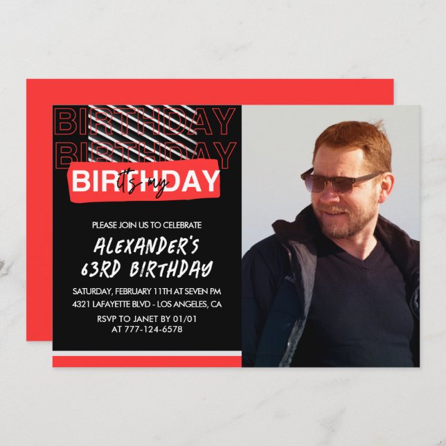  Black Red Photo 63rd birthday invitations Men  (Front/Back)