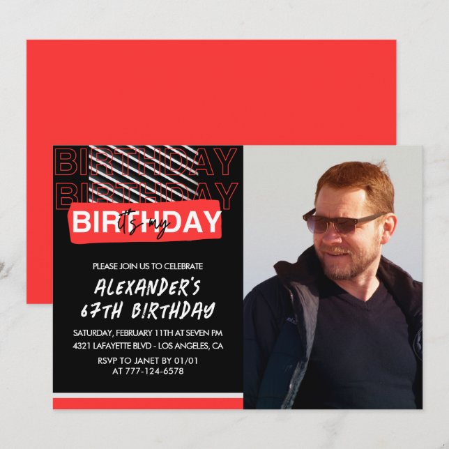Black Red Photo 67e anniversaire invitations Homme (Devant / Derrière)