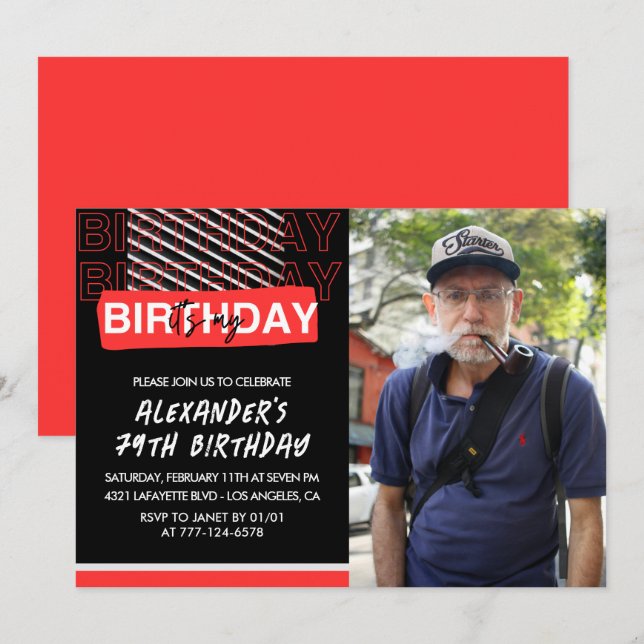  Black Red Photo 79th birthday invitations Men  (Front/Back)