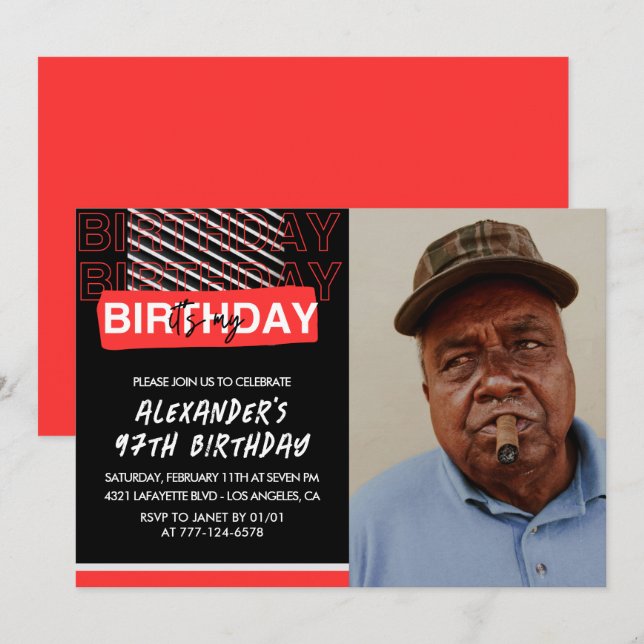  Black Red Photo 97th birthday invitations Men  (Front/Back)