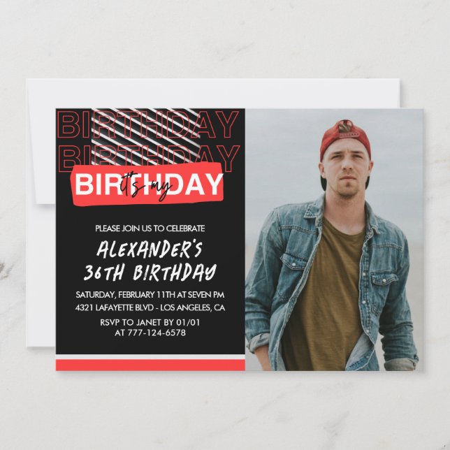 Black Red Photo Hommes 36e anniversaire invitation (Devant)