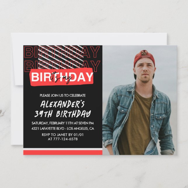 Black Red Photo Hommes 39e anniversaire invitation (Devant)