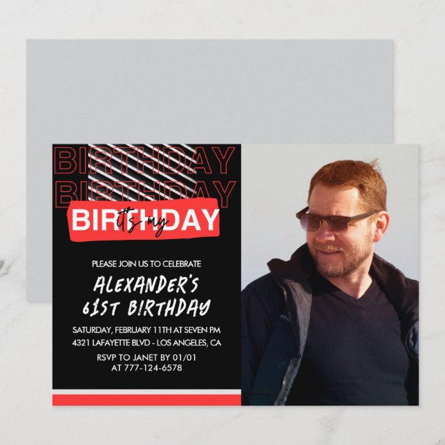Black Red Photo Hommes 61e anniversaire invitation (Devant / Derrière)