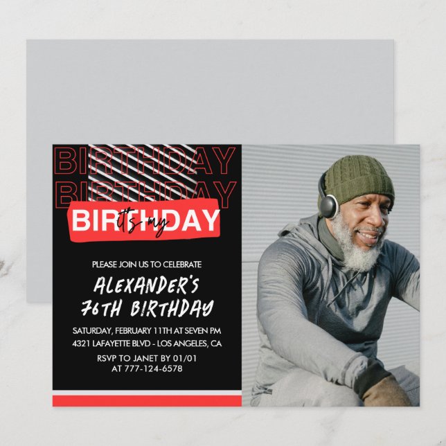 Black Red Photo Hommes 76e anniversaire invitation (Devant / Derrière)