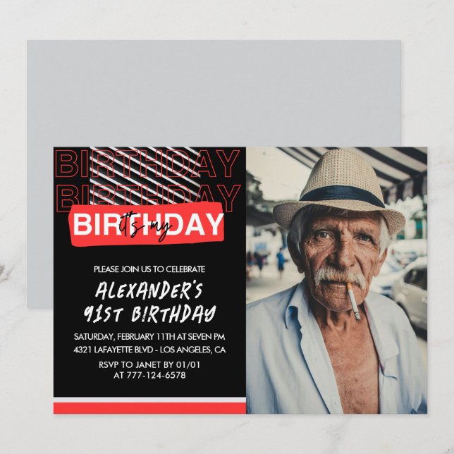  Black Red Photo Men 91st birthday invitations  (Front/Back)