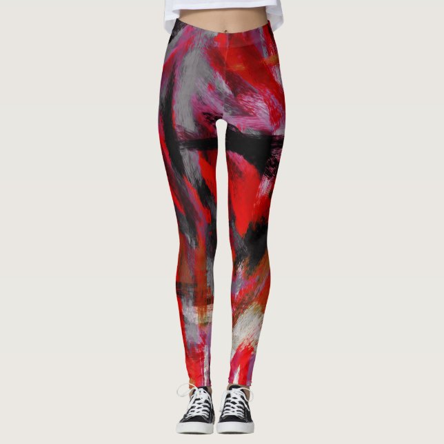 Black Red Pink Abstract Painting #3 Leggings (Front)