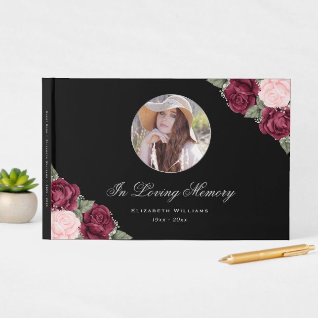 Black Red Pink Floral Memorial Funeral Photo Guest Book (InSitu Display)