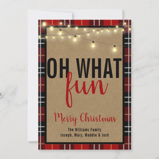 Black & Red Plaid Check Brown Kraft Typography Holiday Card (Front)