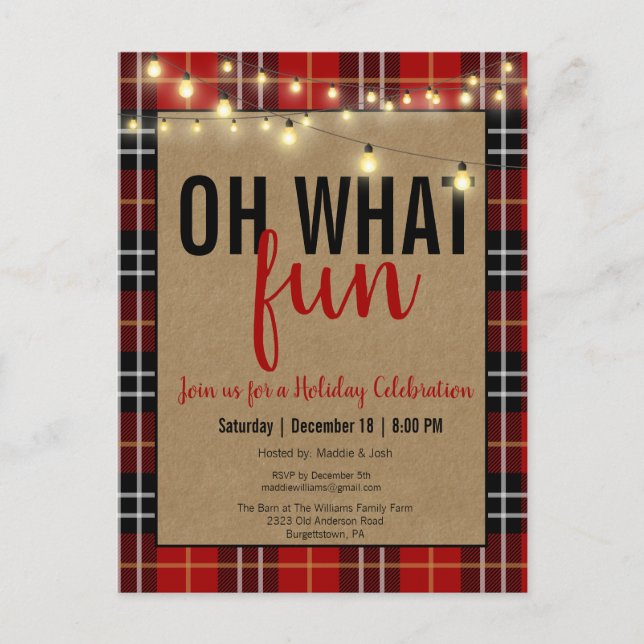 Black & Red Plaid Check Fun Holiday Party Invite (Front)