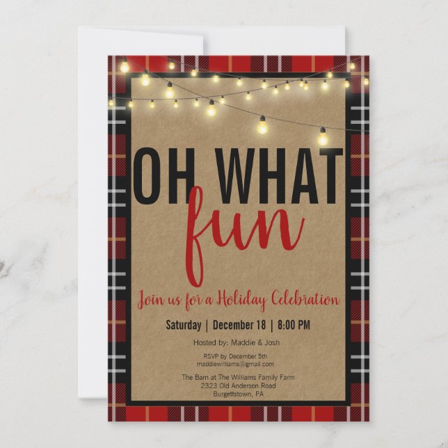 Black & Red Plaid Check Fun Holiday Party Invite (Front)