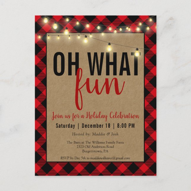 Black & Red Plaid Check Rustic  Holiday Party  Postcard (Front)