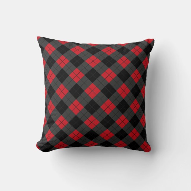Black Red Plaid Check Throw Pillow Vintage (Front)