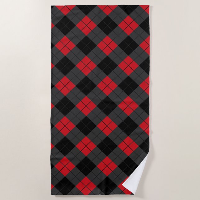 Black Red Plaid Checked Pattern Beach Towel (Front)
