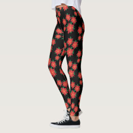 Black Red Poinsettia Christmas Holiday Leggings