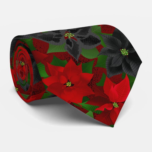 Black Red Poinsettia Goth Christmas Tie (Rolled)