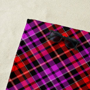 Black Red Purple Plaid Tartan Design Beach Towel