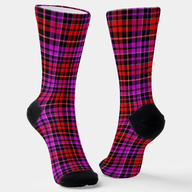 Black Red Purple Plaid Tartan Design  Socks (Angled)
