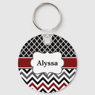 Black Red Quatrefoil Chevron Personalized Keychain