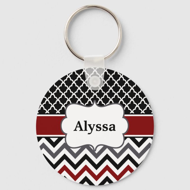 Black Red Quatrefoil Chevron Personalized Keychain (Front)