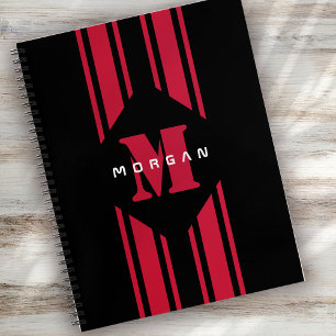 Black Red Racing Car Stripe Monogram Notebook