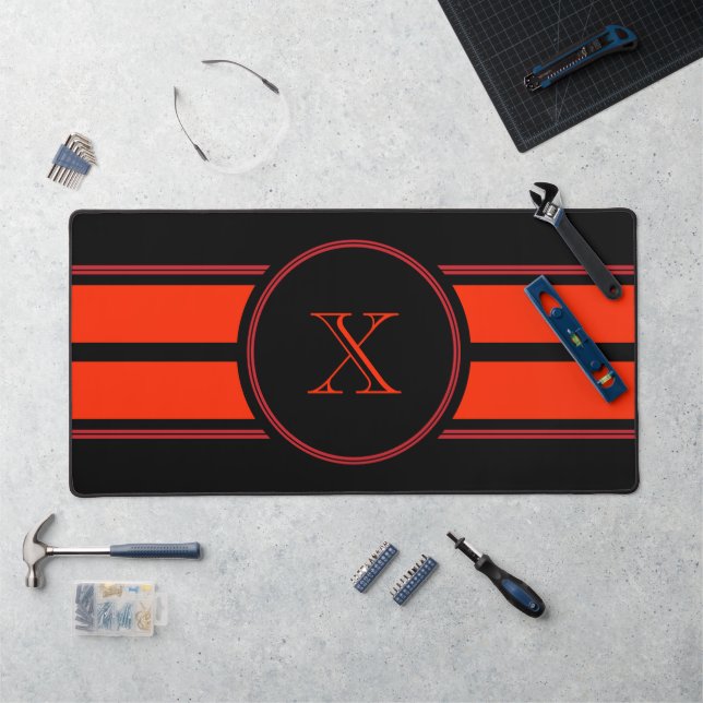 Black Red Racing Stripes Monogram Desk Mat (Workstation)