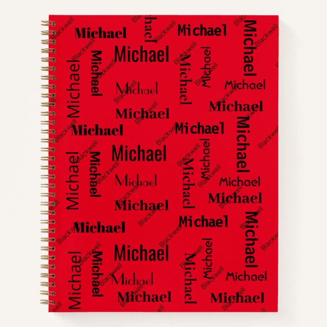 Black & Red Repeating First & Last Name Class Note Notebook (Front)