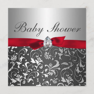 Black Red Ribbon Silver Flourish Baby Shower Invitation