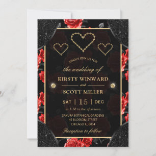 Black & Red Rose Pattern & Gold Diamonds Wedding Invitation