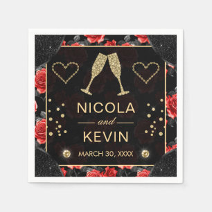 Black & Red Rose Pattern & Gold Diamonds Wedding Napkin