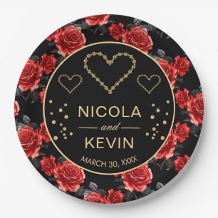 Black & Red Rose Pattern & Gold Diamonds Wedding Paper Plate