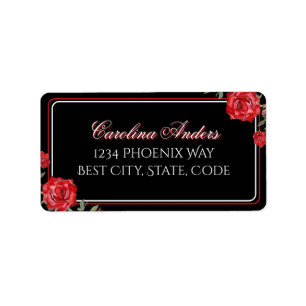 Black Red Rose Watercolor Floral Wedding Label