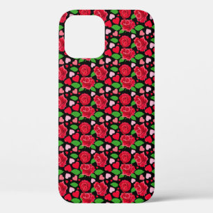 Black Red Roses Flower Lover Hearts Valentines Day iPhone 12 Case