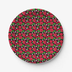 Black Red Roses Flower Lover Hearts Valentines Day Paper Plate