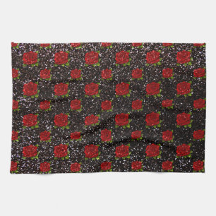 Black red roses glitter kitchen towel