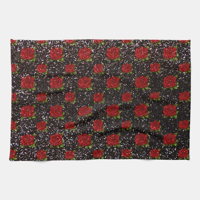 Black red roses glitter kitchen towel (Horizontal)