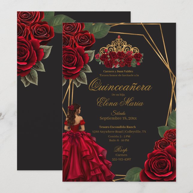 Black Red Roses Gold Princess Quinceañera  Invitation (Front/Back)