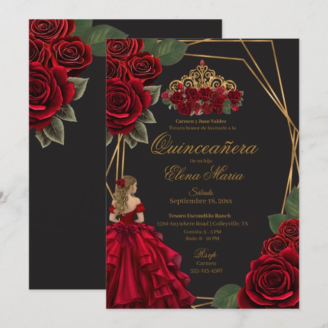 Black Red Roses Gold Princess Quinceañera  Invitation (Front/Back)