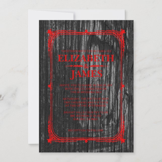 Black & Red Rustic Barn Wood Wedding Invitations (Front)