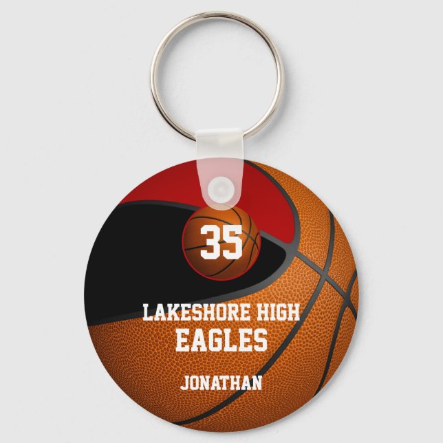 Black red school colours boys' basketball team keychain (Front)