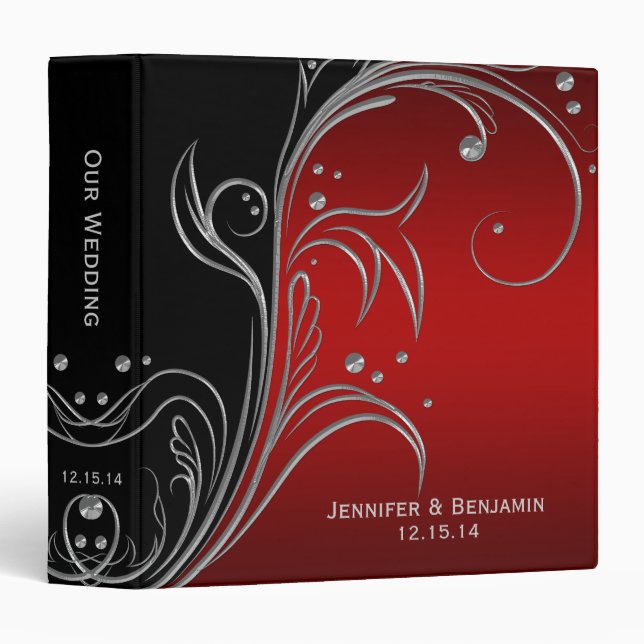 Black Red Silver Floral Scrolls Photo Album Binder (Front/Spine)