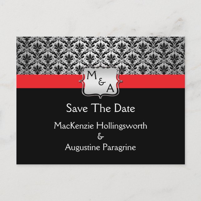 Black Red Silver Monogram Damask Save The Date Announcement Postcard (Front)