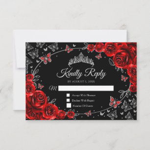 Black Red Silver Quinceanera Reply RSVP Card