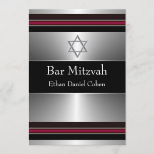Black Red Silver Star of David Bar Mitzvah Invitation